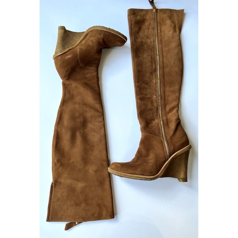 Stuart Weitzman Brown Suede Knee High Wedge Boots Sz 7 Excellent Made In Spain